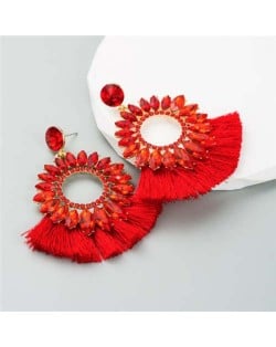 Round Bling Style Cotton Tassel Exaggerated Wholesale Fashion Women Earrings - Red