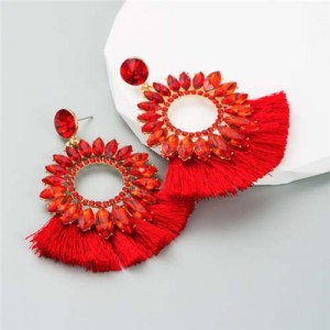 Round Bling Style Cotton Tassel Exaggerated Wholesale Fashion Women Earrings - Red