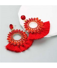 Round Bling Style Cotton Tassel Exaggerated Wholesale Fashion Women Earrings - Red
