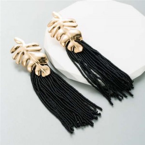 Golden Palm Tree Leaves Mini Beads Tassel Wholesale Fashion Women Earrings - Black