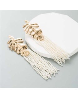 Golden Palm Tree Leaves Mini Beads Tassel Wholesale Fashion Women Earrings - White