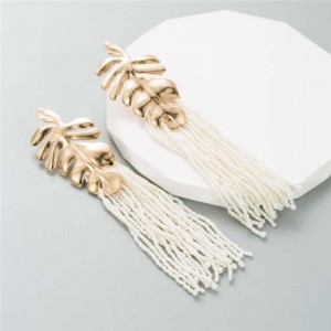 Golden Palm Tree Leaves Mini Beads Tassel Wholesale Fashion Women Earrings - White