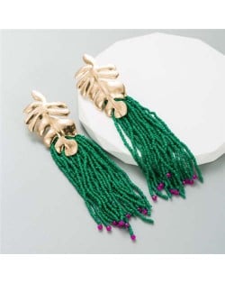 Golden Palm Tree Leaves Mini Beads Tassel Wholesale Fashion Women Earrings - Green
