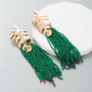 Golden Palm Tree Leaves Mini Beads Tassel Wholesale Fashion Women Earrings - Green