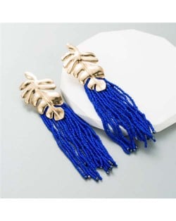 Golden Palm Tree Leaves Mini Beads Tassel Wholesale Fashion Women Earrings - Blue