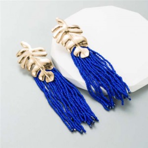Golden Palm Tree Leaves Mini Beads Tassel Wholesale Fashion Women Earrings - Blue