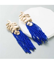 Golden Palm Tree Leaves Mini Beads Tassel Wholesale Fashion Women Earrings - Blue