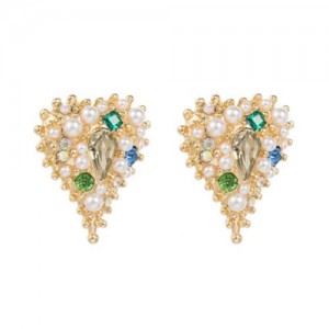 Bejeweled Style Exaggerated Heart U.S. Wholesale Fashion Earrings - Green