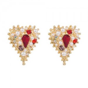 Bejeweled Style Exaggerated Heart U.S. Wholesale Fashion Earrings - Red