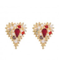 Bejeweled Style Exaggerated Heart U.S. Wholesale Fashion Earrings - Red