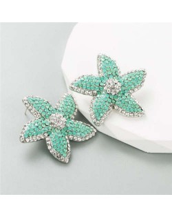 Korean Fashion Rhinestone Inlaid Starfish Unique Shining Women Earrings - Green