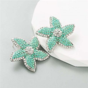 Korean Fashion Rhinestone Inlaid Starfish Unique Shining Women Earrings - Green