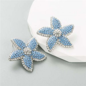 Korean Fashion Rhinestone Inlaid Starfish Unique Shining Women Earrings - Blue