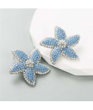 Korean Fashion Rhinestone Inlaid Starfish Unique Shining Women Earrings - Blue