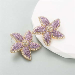 Korean Fashion Rhinestone Inlaid Starfish Unique Shining Women Earrings - Violet