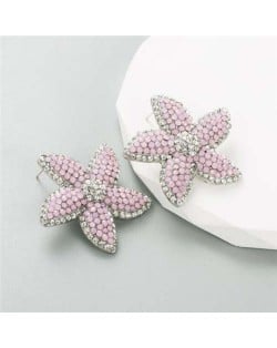 Korean Fashion Rhinestone Inlaid Starfish Unique Shining Women Earrings - Pink