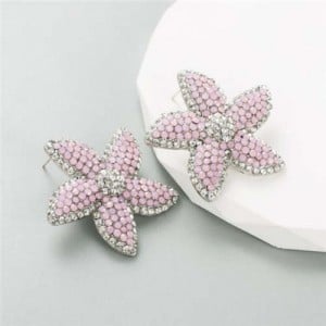 Korean Fashion Rhinestone Inlaid Starfish Unique Shining Women Earrings - Pink