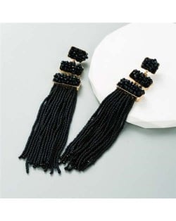U.S. Bohemian Fashion Long Tassel Women Shoulder Duster Earrings - Black