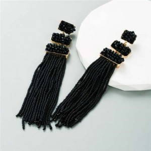 U.S. Bohemian Fashion Long Tassel Women Shoulder Duster Earrings - Black
