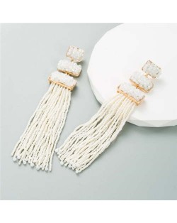 U.S. Bohemian Fashion Long Tassel Women Shoulder Duster Earrings - White