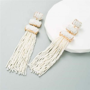 U.S. Bohemian Fashion Long Tassel Women Shoulder Duster Earrings - White