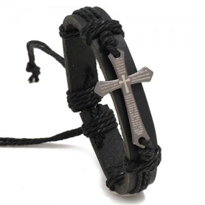 Vintage Cross Design Wholesale Fashion Man Leather Bracelet - Black