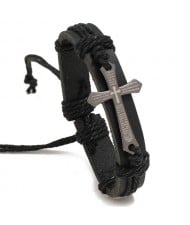 Vintage Cross Design Wholesale Fashion Man Leather Bracelet - Black