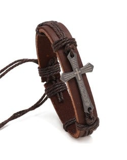 Vintage Cross Design Wholesale Fashion Man Leather Bracelet - Black