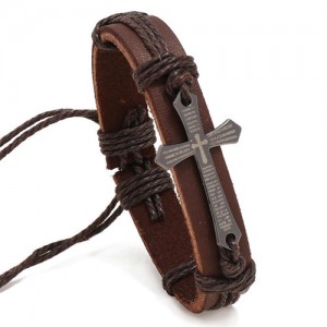 Vintage Cross Design Wholesale Fashion Man Leather Bracelet - Brown
