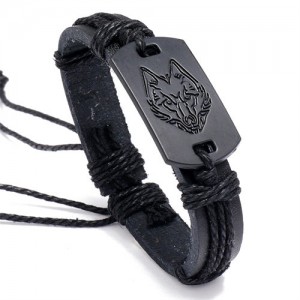 Punk Style Black Wolf Design Wholesale Fashion Man Leather Bracelet
