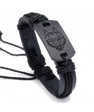 Punk Style Black Wolf Design Wholesale Fashion Man Leather Bracelet