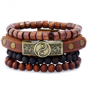 Vintage Wood Beads and Leather Combo Wholesale Fashion Man Multilayers Bracelet