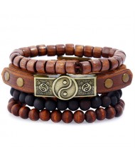 Vintage Wood Beads and Leather Combo Wholesale Fashion Man Multilayers Bracelet