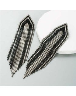 Glistening Rhinestone Embellished Long Tassel Creative Women Luxury Shoulder Duster Earrings - Black