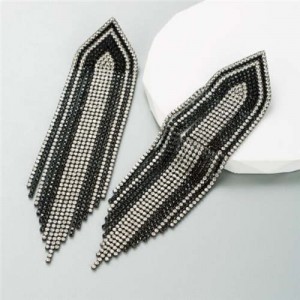 Glistening Rhinestone Embellished Long Tassel Creative Women Luxury Shoulder Duster Earrings - Black