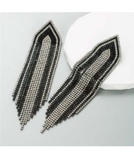 Glistening Rhinestone Embellished Long Tassel Creative Women Luxury Shoulder Duster Earrings - Black