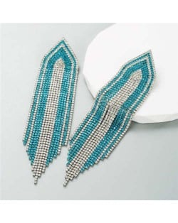 Glistening Rhinestone Embellished Long Tassel Creative Women Luxury Shoulder Duster Earrings - Blue