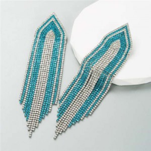 Glistening Rhinestone Embellished Long Tassel Creative Women Luxury Shoulder Duster Earrings - Blue