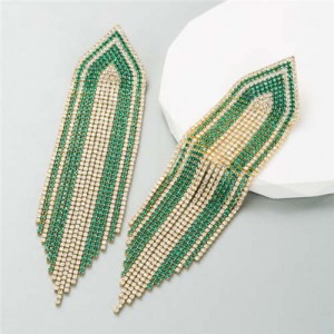 Glistening Rhinestone Embellished Long Tassel Creative Women Luxury Shoulder Duster Earrings - Green