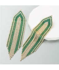 Glistening Rhinestone Embellished Long Tassel Creative Women Luxury Shoulder Duster Earrings - Green