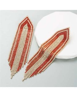 Glistening Rhinestone Embellished Long Tassel Creative Women Luxury Shoulder Duster Earrings - Red