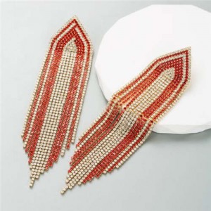Glistening Rhinestone Embellished Long Tassel Creative Women Luxury Shoulder Duster Earrings - Red