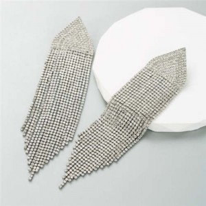 Glistening Rhinestone Embellished Long Tassel Creative Women Luxury Shoulder Duster Earrings - Silver