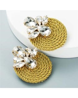 Shining Rhinestone Decorated Round Weaving Design Winter Fashion Women Wholesale Stud Earrings - Golden