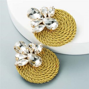 Shining Rhinestone Decorated Round Weaving Design Winter Fashion Women Wholesale Stud Earrings - Golden