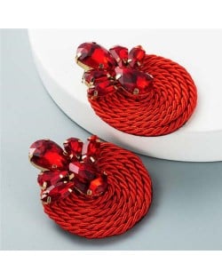 Shining Rhinestone Decorated Round Weaving Design Winter Fashion Women Wholesale Stud Earrings - Red