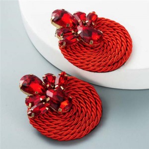 Shining Rhinestone Decorated Round Weaving Design Winter Fashion Women Wholesale Stud Earrings - Red