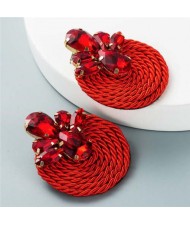 Shining Rhinestone Decorated Round Weaving Design Winter Fashion Women Wholesale Stud Earrings - Red