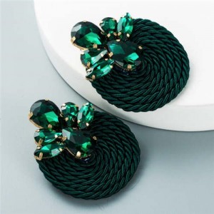 Shining Rhinestone Decorated Round Weaving Design Winter Fashion Women Wholesale Stud Earrings - Green