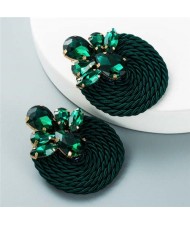 Shining Rhinestone Decorated Round Weaving Design Winter Fashion Women Wholesale Stud Earrings - Green